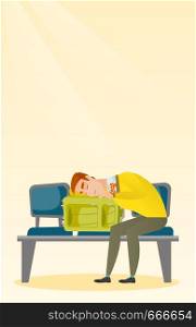 Tired caucasian passenger sleeping on suitcase at the airport. Young exhausted man waiting for a flight and sleeping on a suitcase at the airport. Vector cartoon illustration. Vertical layout.. Exhausted man sleeping on suitcase at the airport.