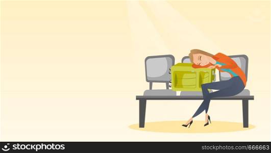Tired caucasian passenger sleeping on suitcase at the airport. Young exhausted woman waiting for a flight and sleeping on a suitcase at the airport. Vector cartoon illustration. Horizontal layout.. Tired woman sleeping on suitcase at the airport.