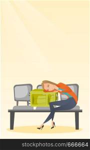 Tired caucasian passenger sleeping on suitcase at the airport. Young exhausted woman waiting for a flight and sleeping on a suitcase at the airport. Vector cartoon illustration. Vertical layout.. Tired woman sleeping on suitcase at the airport.