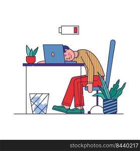 Tired employee exhausted with work. Man sleeping at workplace near laptop with low battery. Vector illustration for burnout, overload, fatigue, tiredness concept