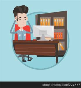 Tired employee sitting at workplace. Worried employee working in the office. Overworked employee clutching his head in the office. Vector flat design illustration in the circle isolated on background.. Tired employee sitting in office.