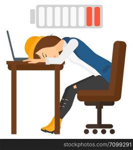 Tired employee sleeping at workplace on laptop keyboard and low power battery sign over her head vector flat design illustration isolated on white background. . Man sleeping at workplace.