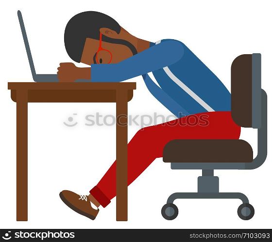 Tired employee sleeping at workplace on laptop keyboard vector flat design illustration isolated on white background. . Man sleeping on workplace.