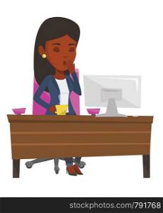 Tired employee yawning while working in office. Exhausted african employee yawning. Sleepy employee drinking coffee at work in office. Vector flat design illustration isolated on white background.. Tired employee working in office.