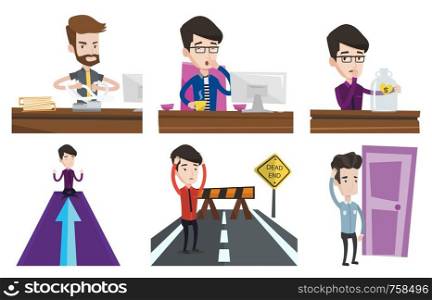 Tired employee yawning while working in office. Exhausted employee yawning. Sleepy employee drinking coffee at work in office. Set of vector flat design illustrations isolated on white background.. Vector set of business characters.