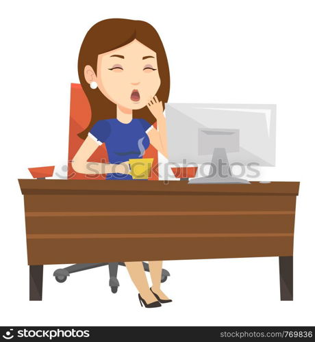 Tired employee yawning while working in office. Exhausted young employee yawning. Sleepy employee drinking coffee at work in office. Vector flat design illustration isolated on white background.. Tired employee working in office.