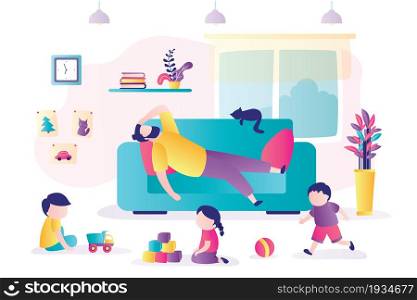 Tired father lies on couch, children play nearby. Playroom interior with furniture. Dad overworked and taking break from household chores. People in trendy style. Flat design vector illustration. Tired father lies on couch, children play nearby. Playroom interior with furniture. Dad overworked and taking break