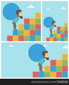 Tired hipster man rising up on the colored cubes and carrying a big stone on his back. Man with huge concrete ball. Vector flat design illustration. Square, horizontal, vertical layouts.. Man carrying concrete ball uphill.