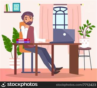 Tired male bearded character sitting at laptop at home, lot of work. Work remotely. Cozy living room interior, pink curtains, bookshelf, lush green potted plants. Stay home. Flat vector illustration. Bearded pensive man sitting at table with laptop, working remotely. Abral. Stay home. Flat image