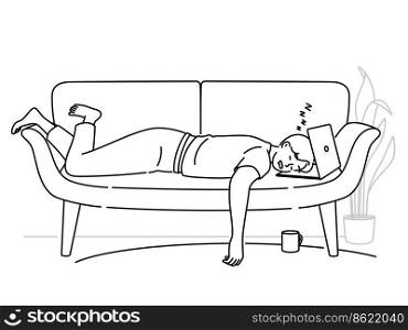 Tired man fall asleep working on laptop on couch. Exhausted male overwhelmed with computer work sleep in sofa at home. Fatigue and overwork. Vector illustration. . Tired man fall asleep on sofa with laptop 