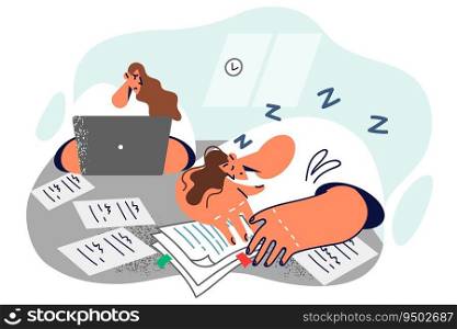 Tired man fell asleep doing paperwork and sitting at table with female colleague. Hardworking girl with laptop looks angrily at lazy subordinate refusing to do paperwork and perform official duties. Tired man fell asleep doing paperwork and sitting at table with female colleague