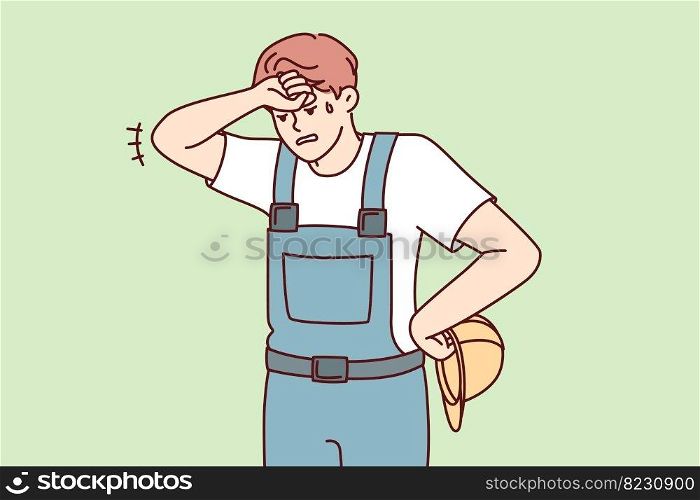 Tired man in construction uniform and safety helmet wiping forehead after completing difficult project. Sweaty guy foreman wearily looks down exhausted at end of day. Flat vector design . Tired sweaty man in construction uniform and safety helmet wiping forehead. Vector image