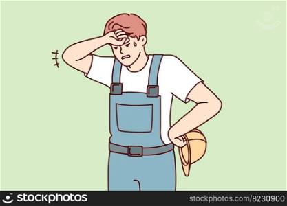 Tired man in construction uniform and safety helmet wiping forehead after completing difficult project. Sweaty guy foreman wearily looks down exhausted at end of day. Flat vector design . Tired sweaty man in construction uniform and safety helmet wiping forehead. Vector image