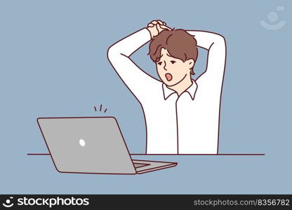 Tired man sit at table work on computer yawning. Exhausted male overwhelmed with laptop job in office. Overwork and fatigue. Vector illustration.. Exhausted man overwhelmed with computer work