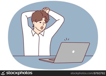 Tired man sit at table work on computer yawning. Exhausted male overwhelmed with laptop job in office. Overwork and fatigue. Vector illustration.. Exhausted man overwhelmed with computer work