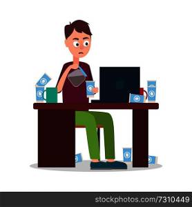 Tired man sitting by table with many coffee cups, colorful vector illustration with brown table, black laptop, lot of bowl with print of coffee bean. Tired Man Sitting by Table with Many Coffee Cups