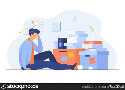 Tired man sitting on floor with paper document piles around flat vector illustration. Cartoon frustrated office employee doing paperwork. Business, fatigue and bureaucracy concept