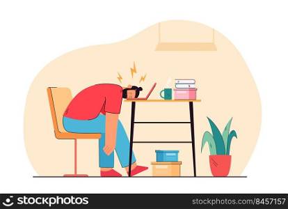 Tired man sleeping on laptop keyboard flat vector illustration. Cartoon exhausted male character on work. Professional burnout syndrome, tiredness and overload concept