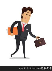 Tired Man with Book and Suitcase Going Home Isolated. Tired man with book and suitcase going home isolated on white. Male in expensive suit tired after busy working day. Person wants to have a good rest. Vector design illustration in flat style.