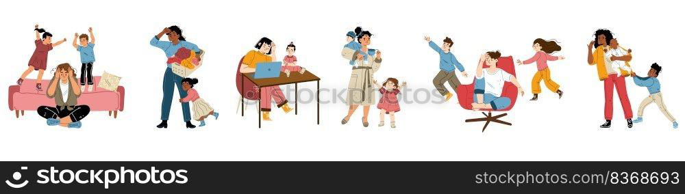 Tired mom burnout, fatigue mothers and their children isolated set. Stressed exhausted women with naughty kids mess around, parenthood, multitasking concept, Cartoon linear flat vector illustration. Tired mom burnout, fatigue mothers and children