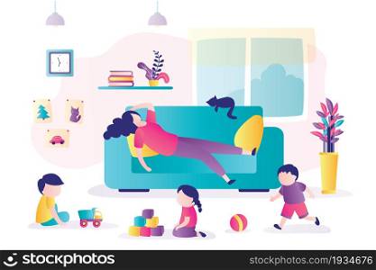 Tired mother lies on couch, children play nearby. Room interior with furniture. Housewife overworked and taking break from household chores. People in trendy style. Flat design vector illustration. Tired mother lies on couch, children play nearby. Room interior with furniture. Housewife overworked and taking break from household chores