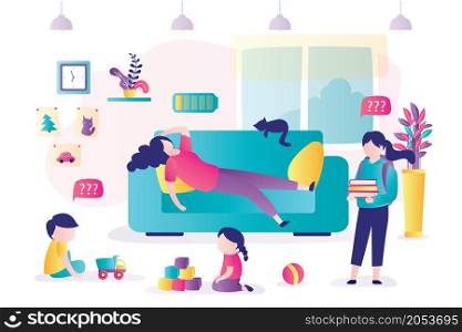 Tired mother lies on couch, children want spend time with mom. Room interior with furniture. Housewife overworked and taking break from household chores. People in trendy style. Vector illustration. Tired mother lies on couch, children want spend time with mom. Room interior with furniture. Housewife overworked