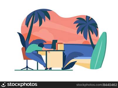 Tired office employee sleeping at workplace and dreaming of ocean beach with surfboard. Vector illustration for burnout, vacation, travel, holiday concept