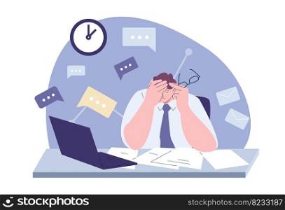 Tired office man at desk in info noise. Messages and email, diverse letters and deadline. Time management, vector burnout business person. Illustration of worker tired and unhappy. Tired office man at desk in info noise. Messages and email, diverse letters and deadline. Time management, vector burnout business person