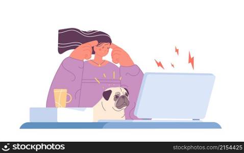 Tired office woman. Stress work, burnout and mental exhausted. Girl with indignant dog sit at computer. Workaholic or emotional student utter vector scene. Illustration of woman stress and tired. Tired office woman. Stress work, burnout and mental exhausted. Girl with indignant dog sit at computer. Workaholic or emotional student utter vector scene