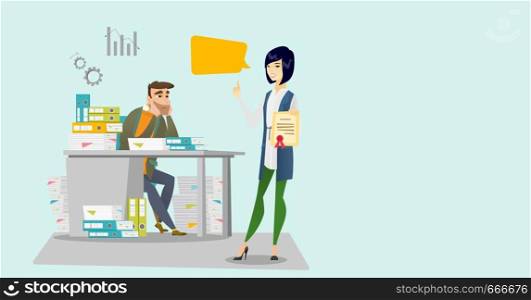 Tired office worker sitting at workplace with stacks of papers and looking at his employer showing certificate and thumb up. Concept of stress at work and business award. Vector cartoon illustration.. Tired office worker and employer with certificate.