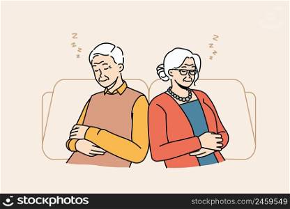 Tired old man and woman sit relax in chairs taking nap or daydreaming. Exhausted mature grandparents rest in armchairs sleeping and seeing dreams. Maturity and relaxation. Vector illustration. . Exhausted senior grandparents relax in chairs sleeping 