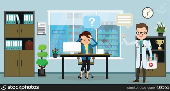 Tired or ill businesswoman on workplace and male doctor in modern office,interior with furniture and plants,health care concept,flat vector illustration