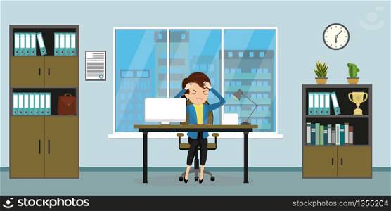 Tired or ill businesswoman on workplace in modern office,interior with furniture,flat vector illustration