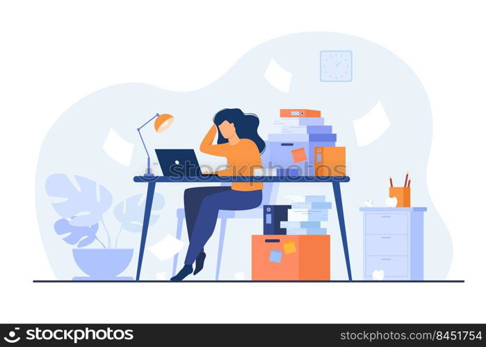 Tired overworked secretary or accountant working at laptop near pile of folders and throwing papers. Vector illustration for stress at work, workaholic, busy office employee concept