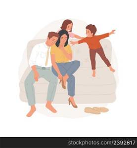 Tired parents isolated cartoon vector illustration Tired adults came home from work, happy and jumpy kids around, exhausted parents, family daily routine, sleepy people vector cartoon.. Tired parents isolated cartoon vector illustration