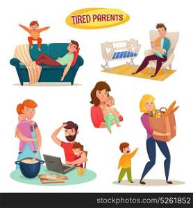 Tired Parents Isolated Decorative Elements . Tired parents isolated decorative elements with mother and father holding baby in arms flat cartoon vector illustration