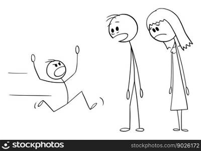 Tired parents looking at naughty child, vector cartoon stick figure or character illustration.. Parents Looking at Naughty Child , Vector Cartoon Stick Figure Illustration
