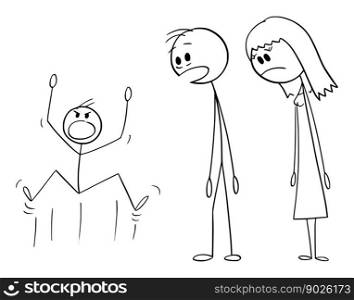 Tired parents looking at naughty child, vector cartoon stick figure or character illustration.. Parents Looking at Naughty Child , Vector Cartoon Stick Figure Illustration