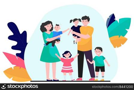 Tired parents with big team of kids. Young couple walking with group of naughty, active, happy children outdoors. Vector illustration for large family, parenthood concept
