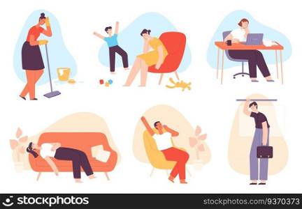Tired people. Exhausted men and women with anxiety and stress. Depressed mother, bored office worker, sleepy and burnout person vector set. Character playing with kid, washing floor. Tired people. Exhausted men and women with anxiety and stress. Depressed mother, bored office worker, sleepy and burnout person vector set