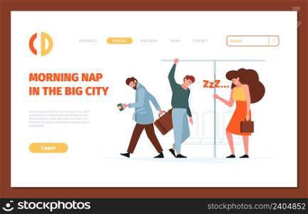 Tired person landing. Stressed office people sleeping managers male and female garish vector business web page template. Tired character exhausted in transport subway or bus illustration. Tired person landing. Stressed office people sleeping managers male and female garish vector business web page template