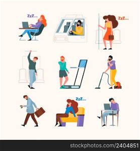 Tired persons. Mental problems sleeping workers stressed male and female office managers garish vector flat illustrations. Tired employee and frustrated office worker. Tired persons. Mental problems sleeping workers stressed male and female office managers garish vector flat illustrations
