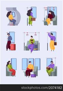 Tired persons vehicles. Urban transport interior standing and sitting tired characters work public subway car airplane bus vector flat illustration. Fatigue male sitting in train, exhausted people. Tired persons vehicles. Urban transport interior with standing and sitting lazy tired characters after work public subway car airplane bus garish vector flat illustrations