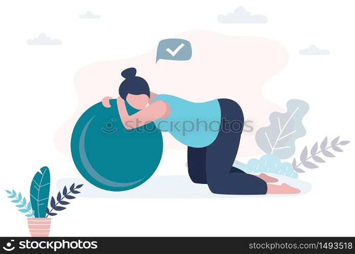 Tired pregnant woman after doing exercises with fitball. Fitness during pregnancy. Health care and sport concept. Beauty female character. Trendy style vector illustration