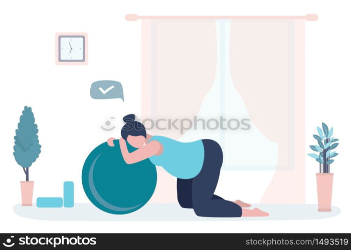 Tired pregnant woman after doing exercises with fitball. Fitness during pregnancy. Health care and sport concept. Beauty female character at home interior. Trendy style vector illustration