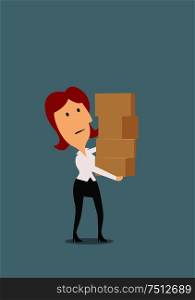 Tired redhead businesswoman carrying stack of cardboard boxes, for overload or delivery concept theme, flat style. Businesswoman carrying stack of boxes