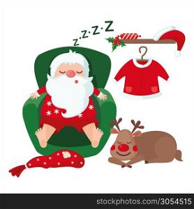 Tired Santa Claus and Deer sleeping on chair isolated on white background. Christmas concept. Vector illustration.. Tired Santa Claus and Deer sleeping on chair isolated on white background.