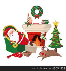 Tired Santa Claus and Deer sleeping on chair near fireplace and Christmas tree isolated on white background. Christmas concept. Vector illustration.. Tired Santa Claus and Deer sleeping on chair near fireplace and Christmas tree isolated on white.