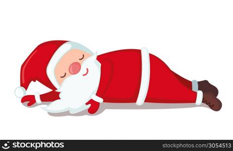 Tired Santa Claus sleeping on floor in cartoon style isolated on white background. Christmas concept. Vector illustration.. Tired Santa Claus sleeping on floor isolated on white background.