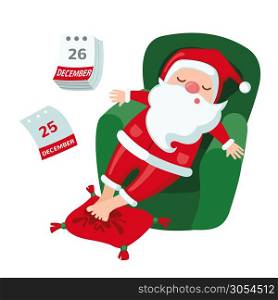 Tired Santa Claus sleeping the day after Christmas on chair isolated on white background. Christmas concept. Vector illustration.. Tired Santa Claus sleeping the day after Christmas on chair isolated on white background.